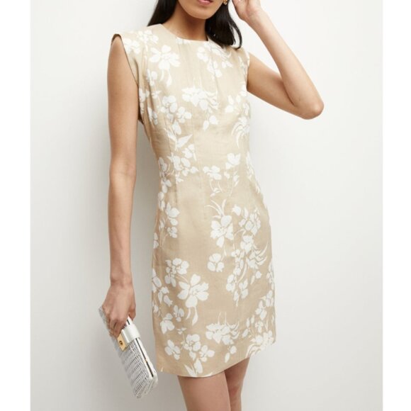 Veronica Beard 'Rosedale' Linen-Blend Floral Mini-Dress, Stone Khaki/Off-White - Picture 2 of 5